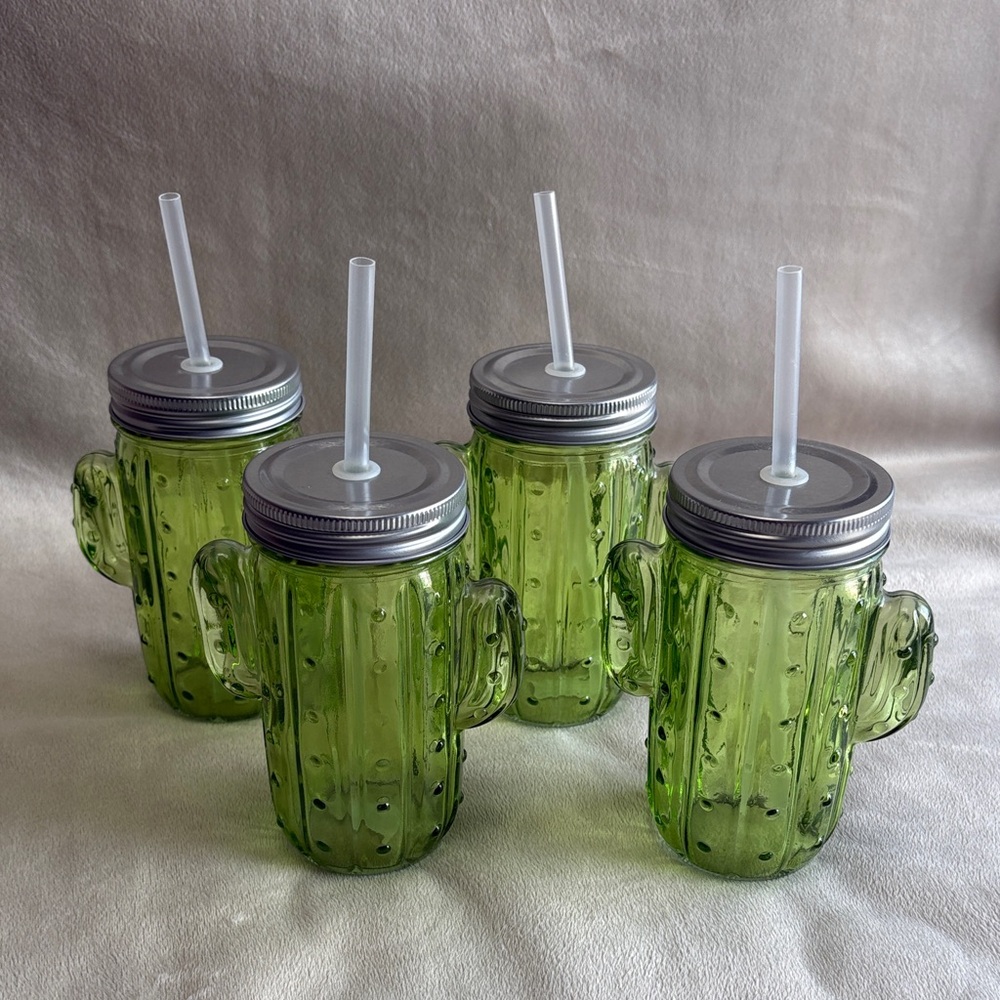Set of Green Cactus Glass Tumblers with Straws